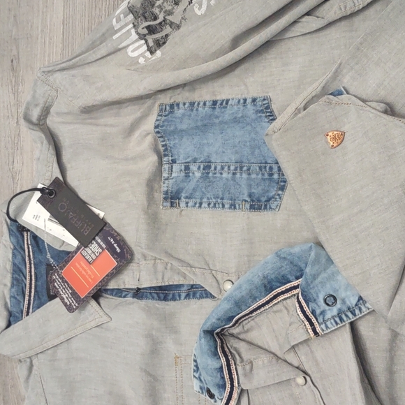 Buffalo David Bitton grey denim snap western Mens shirt Reverse Cuffs L NEW Jean - Picture 8 of 10